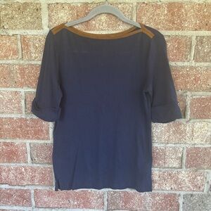Navy Blue Boatneck Top with Brown Trim